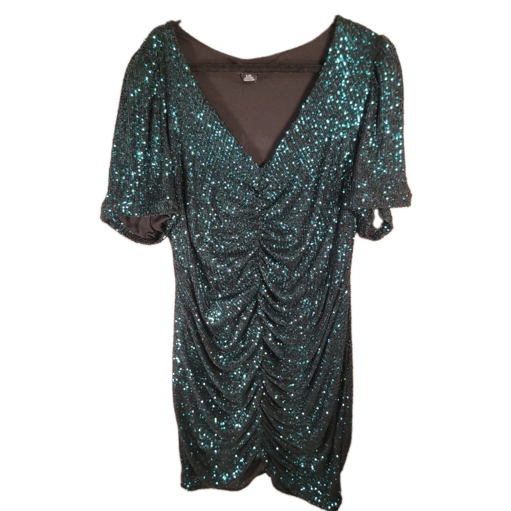 City Chic Dress Plus 22 XL Emerald Green Sequin Ruched V-Neck Cocktail Party